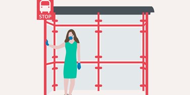 Illustration lady at bus stop wearing face mask and surgical gloves