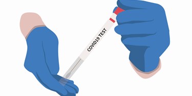 Illustration hands in medical gloves holding COVID-19 testing kit