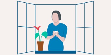 Illustration of woman standing looking outside her window holding a cup of tea