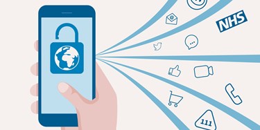 Illustration of hand holding phone with health apps on, including NHS and Wysa