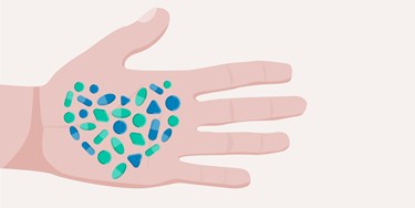 Illustration hand with pills in shape of a heart